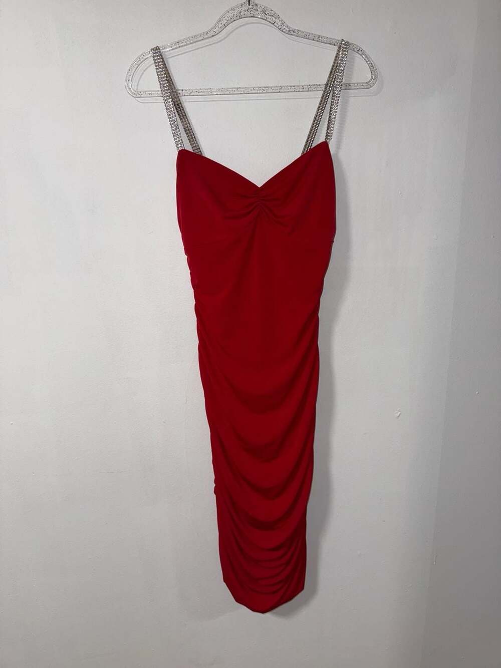 Moda International Red Ruched Bodycon Midi Dress With Rhinestone Chain Straps